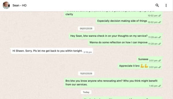 Sean — asked for service reflection, will reply
