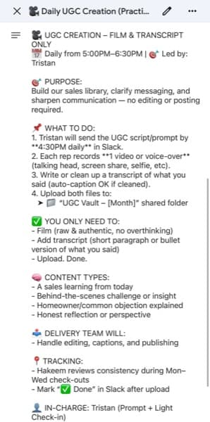 Daily UGC Creation session brief